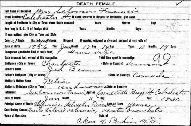 Vermont State Archives and Records Administration; Montpelier, Vermont; Vermont Death Records, 1909-2008