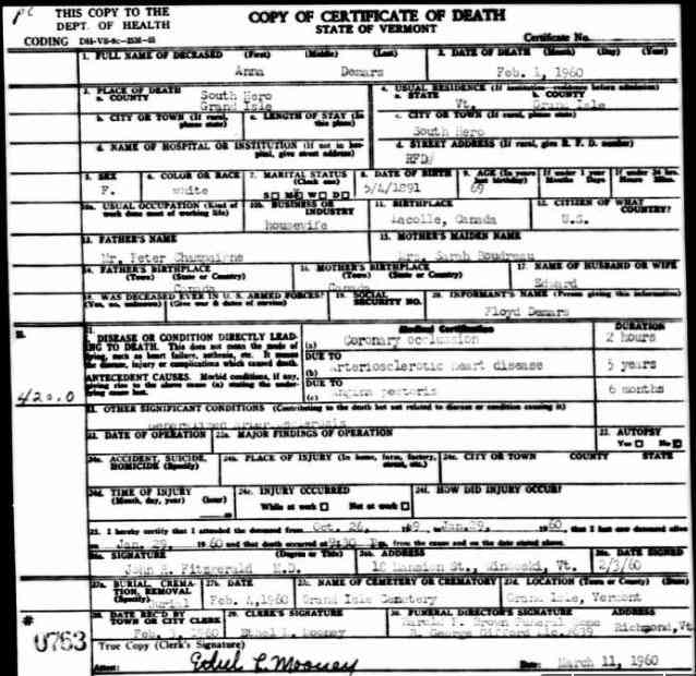 Vermont State Archives and Records Administration; Montpelier, Vermont; Vermont Death Records, 1909-2008
