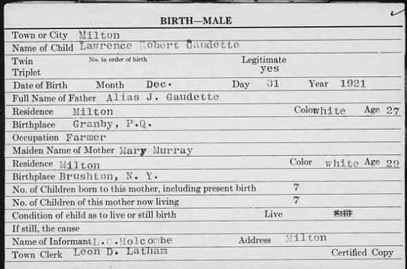 Birth
Vermont, Vital Records, 1760-1954