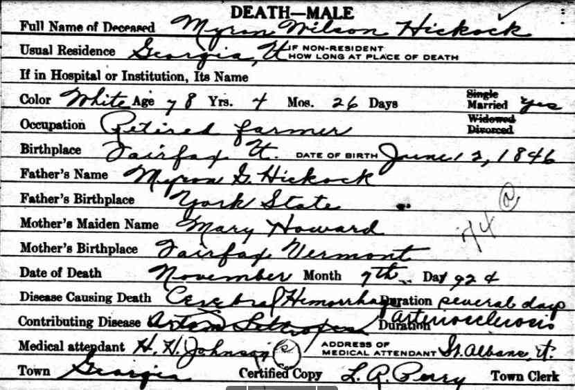 Myron Wilson HICKOCK - Vermont State Archives and Records Administration; Montpelier, Vermont; Vermont Death Records, 1909-2008
