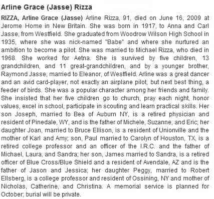 Arline Grace JASSE - The Hartford Courant Hartford, Connecticut June 19,2009