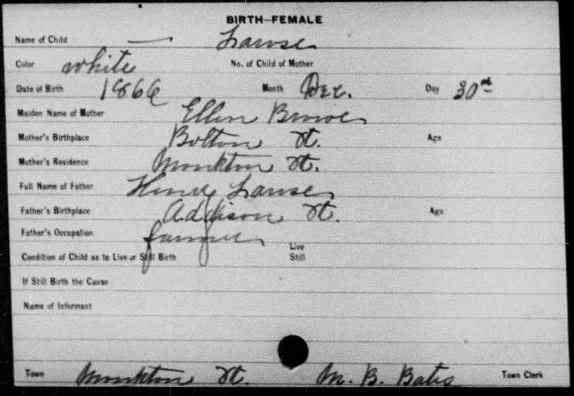 Celia LAROSE - Birth Vermont, Vital Records, 1760-1954