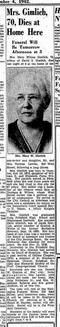 Mary Barker WILCOX - 4 Dec 1942 Obituary.