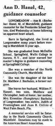 Ann BACHULUS - obituary Date: January 26, 1979 Location: Massachusetts Paper: Springfield Union