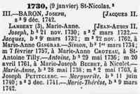 Joseph BARON - Quebec, Genealogical Dictionary of Canadian Families (Tanguay Collection), 1608-1890