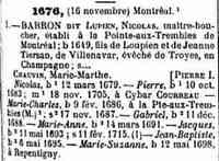 Nicolas BARON dit LUPIEN - Title	Dictionnaire généalogique des familles canadiennes depuis la fondation de la colonie Dictionnaire généalogique des familles canadiennes depuis 