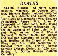 Blanche BAZIN - Montreal Gazette, Montreal, Canada October 20, 1964