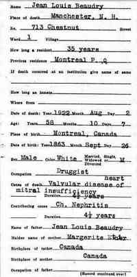 Jean Louis BEAUDRY - 1922 Death  Name:	Jean Louis Beaudry Gender:	Male Birth Date:	abt 1864 Birth Place:	Montreal, Canada Father:	Jean Louis Beaudry Mother:	Margeri