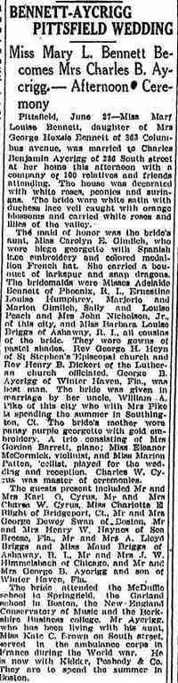 Mary Louise BENNETT - The Springfield Sunday Republican Springfield, Massachusetts June 28, 1925
