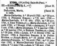 Jean BISSONNET (BISSONNETTE) - Dictionnaire généalogique des familles canadiennes depuis la fondation de la colonie jusquà nos jours, Cyprien Tanguay Publisher	E. Senécal, 1886 O