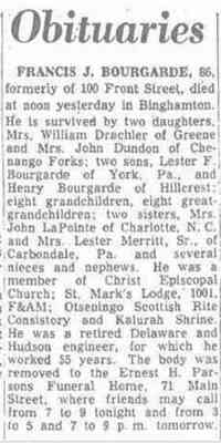Francis Joseph BOURGARDE - Binghamton Press Binghamton, New York Thurs., Sept 18, 1958
