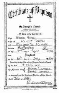 Marie Mahala BROWE (BREAULT) - Baptism St. Josephs Church, Burlington, Vermont