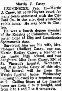 Martin Joseph CASEY - Fitchburg Sentinel, Fitchburg, Massachusetts, February 11, 1946
