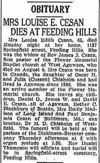 David Emanuel CESAN - 1933 mothers obituary The Springfield Daily Republican Springfield, Massachusetts October 3, 1933
