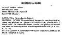 Roger CHANDLER - The Great Migration Begins: Immigrants to New England 1620-1633, Volumes I-III. (Online database: AmericanAncestors.org, New England Historic Genealog