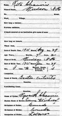 Rita CHAUVIN - 1915 Death  Name:	Reta Chauvin Gender:	Female Birth Date:	abt 1915 Birth Place:	Hudson, New Hampshire Father:	Hyacinth Chauvin Mother:	Emma Mic