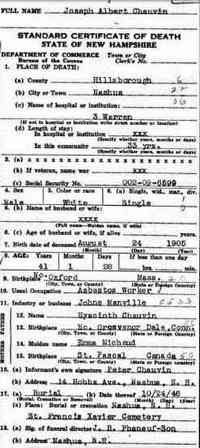 Joseph Albert CHAUVIN - 1946 Death  Name:	Joseph Albert Chauvin Gender:	Male Birth Date:	abt 1905 Birth Place:	No Oxford, Massachusetts Father:	Hyacinth Chauvin Mother