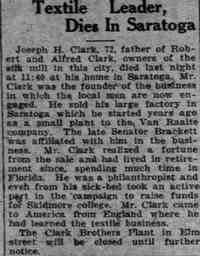 Joseph H CLARK - Obituary from The Post-Star, Glens Falls, New York, Friday, September 5, 1924