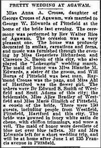 Anna Amelia CROUSS - article about wedding Date: April 20, 1900 Location: Massachusetts Paper: Springfield Republican