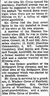 Karl (Karil) Oscar CYRUS - Death (part 2) Bridgeport Telegram, Bridgeport, Connecticut April 8, 1955
