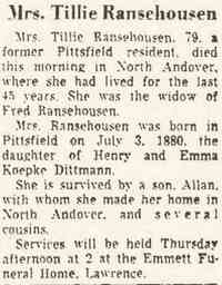 Otelia Agnes "Tilly" DITTMAN - Berkshire Eagle  Pittsfield, Massachusetts Tuesday, June 21, 1960