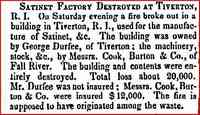 George DURFEE - Is this him?  Satinet Factory Destroyed at Tiverton (News Article) Date: 1849-07-27 Paper: Norfolk Democrat Massachusetts 