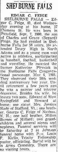 Edgar Charles "Edward" FEIGE - obituary Date: January 05, 1962 Location: Massachusetts Paper: Springfield Union