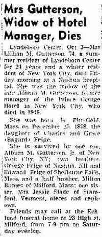 Lillian Maude FEIGE - Nashua Telegraph Nashua, New Hampshire October 3, 1953