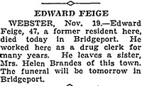 Edward Evylyn FEIGE - Obituary