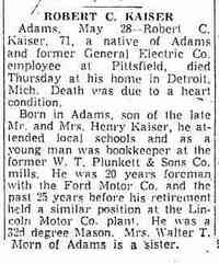Robert Calvin KAISER - The Springfield Union Springfield, Massachusetts Saturday, May 29, 1954