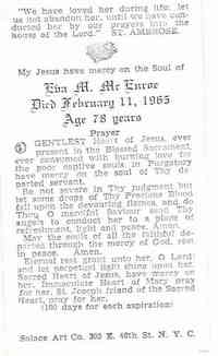 Eva Mary ANGER - Thanks to Sheryl Riley  FOUND IN THE FAMILY BIBLE.  CARD THAT WAS PASSED OUT AT THE WAKE OF EVA McENROE.