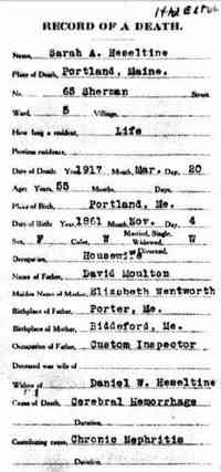 Sarah Agnes MOULTON - Death Maine State Archives; Cultural Building, 84 State House Station, Augusta, ME 04333-0084; 1908-1922 Vital Records; Roll #: 26