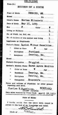 Marion Elizabeth HESLETINE - Birth  Maine State Archives; Cultural Building, 84 State House Station, Augusta, ME 04333-0084; Pre 1892 Delayed Returns; Roll #: 52