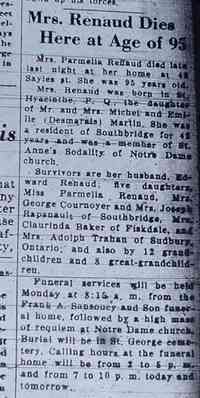 Parmelia (Adelina) MARTIN - Emily Parmelia Martin Renauds obituary - July 8, 1944