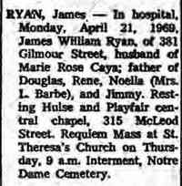 James William RYAN - Death notice The Ottawa Journal Ottawa, Ontario, Canada Wednesday, April 23, 1969