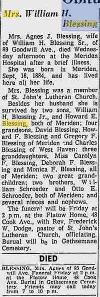 Agnes J SCHROEDER - The Morning Record Meriden, Connecticut Thursday, May 14, 1964