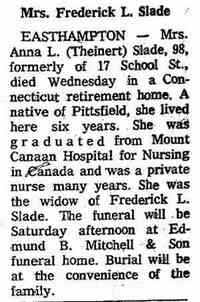 Anna L THEINERT - Obituary Date: January 14, 1972 Location: Massachusetts Paper: Springfield Union