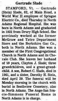 Gertrude Florence STEIN - 1986 obituary Date: June 14, 1986 Location: Massachusetts Paper: Springfield Union 