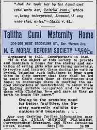 Eleanor Wentworth MOULTON - Talitha Cumi Maternity Home ad  Boston Evening Transcript Boston, Massachusetts December 8, 1906  (Place where her son, Gerald Moulton, was born