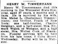 Henry W TIMMERMAN - Evening Post Worcester, Massachusetts June 11, 1917