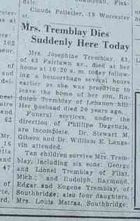 Marie-Josephine-Eglentine CAYA - Josephine Caya Maynard Tremblay   The Southbridge Evening News Southbridge, Massachusetts Friday, May 16, 1941